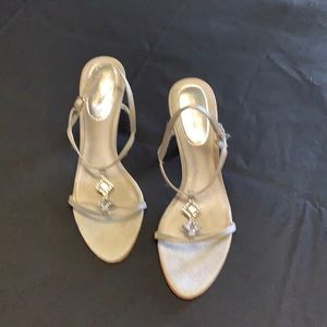Silver formal strap heels w/decorative rhinestones